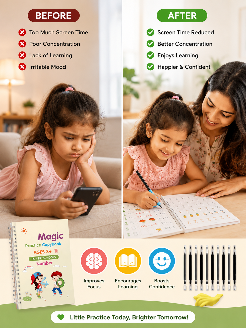 Reusable Handwriting Practice Kit – 4 Guided Workbooks, 1 Magic Pen, 10 Fade-Out Ink Refills