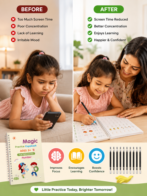 Reusable Handwriting Practice Kit – 4 Guided Workbooks, 1 Magic Pen, 10 Fade-Out Ink Refills