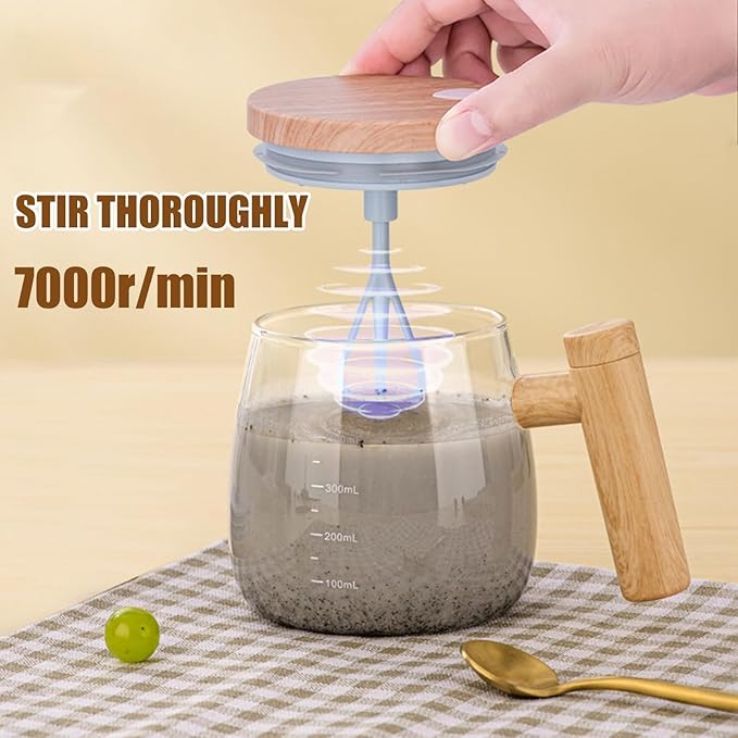 Self Stirring Coffee Mug, Glass Electric Self Mixing Cup with Lid & Handle 400ml