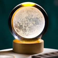 White Moon Crystal Ball Night Light 2.4 Inch With Wooden Base