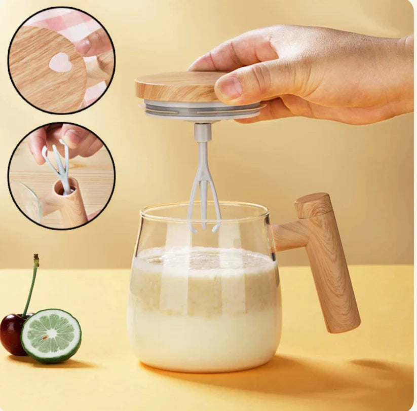 Self Stirring Coffee Mug, Glass Electric Self Mixing Cup with Lid & Handle 400ml